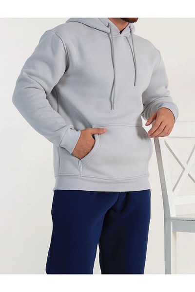Ofzensport Men's 3 Thread Basic Hooded Sweatshirt Light Gray