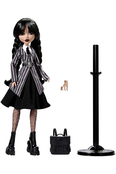 MONSTER HIGH Wednesday Okul Üniformalı Bebek, koleksiyonluk Wednesday Addams, el figürü Thing HXJ04