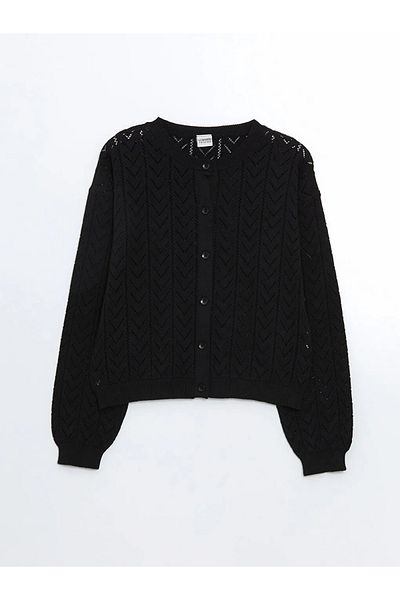 LC Waikiki Lcw Kids Black Crew Neck Openwork Girl's Knitwear Cardigan