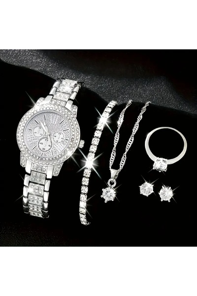 Mumicemum Elegant Saat ile Kolye+Küpe+Yüzük+Bileklik 6 parça Takı Seti