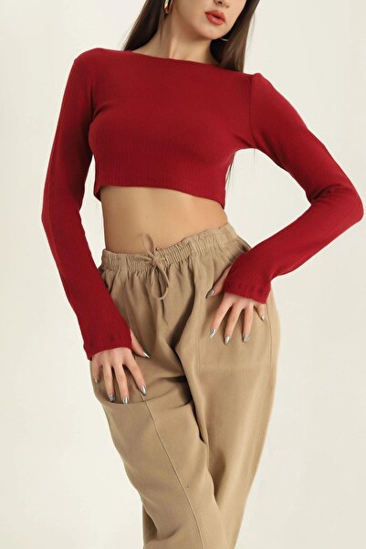 Mossta Crew Neck Finger Snap Crop Blouse Burgundy