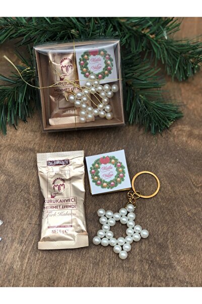 Kahvemtat Yılbaşı Yeniyıl Hediyesi Çikolata Kahve Kutusu 1 Adet Tek Kullanımlık ve inci anahtarlık