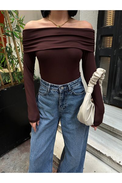 BEJNA Γυναικεία μπλούζα με γιακά Madonna σε καφέ Soft Touch