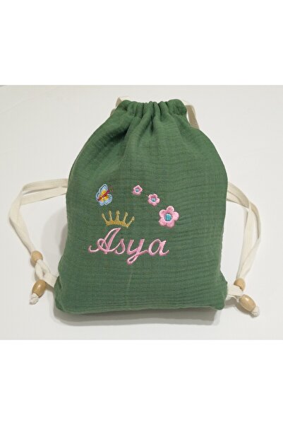 moms and babies İsimli Çocuk Büzgülü Sırt Çantası Isme Özel Üretim Yeşil