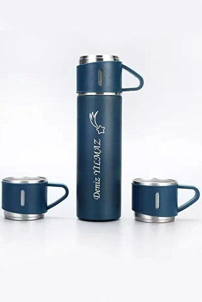 GiralStore Kişiye Özel Paslanmaz Çelik Termos 500 ml - 3 Bardaklı Mavi Hediye...