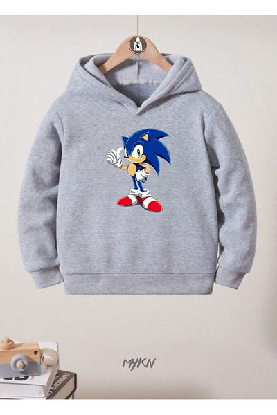 MYKN Памучен персонализиран дизайн Rinisa Аниме Sonic Printed Сив детски суичър с качулка