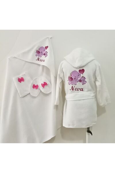 moms and babies Kız Çocuk Bebek Bornoz Havlu Seti Isme Özel Nakışlı 1-5 Yaş