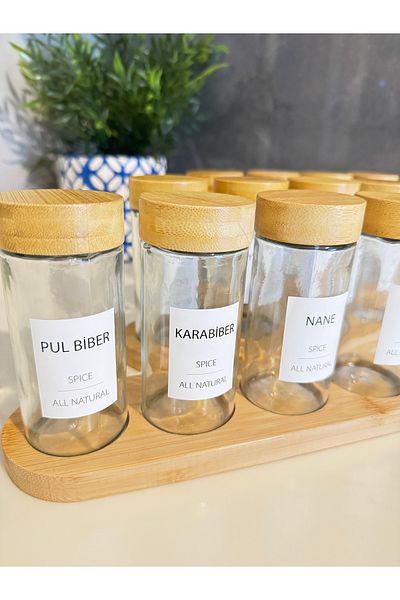 Janset High Quality 4-Piece Spice Rack Set - Bamboo Lid Glass, 7 Pieces, Label Gift