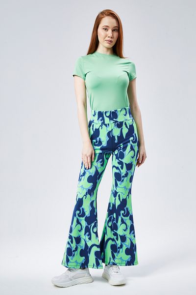 Maison La Femme Pantaloni de damă cu model verde apă cu talie înaltă, elastici, cu picioare spaniole