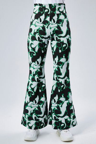 Maison La Femme Pantaloni de damă cu model verde cu talie înaltă, elastici, cu picioare spaniole