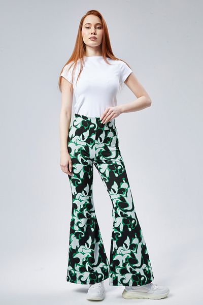 Maison La Femme Pantaloni de damă cu model verde cu talie înaltă, elastici, cu picioare spaniole