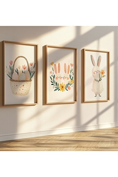 Home 3'lü Paskalya Tatlı Tavşanlar, Seti Çocuk ve bebek Odası Dekoru, Çocuk Odası Tablosu, Çerçevesiz