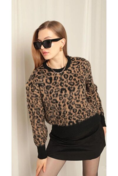 banessa Pulover cu model din lână imprimeu leopard maro guler rotund pentru femei