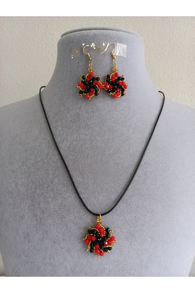 İPAR AKSESUAR Red Black Hand Embroidery Design Necklace Earring Set