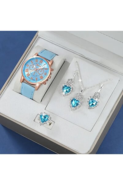 Mumicemum Kadın Elegant Yuvarlak Quvars Saat Analog  ve Kolye+Küpe+Yüzük Takı...