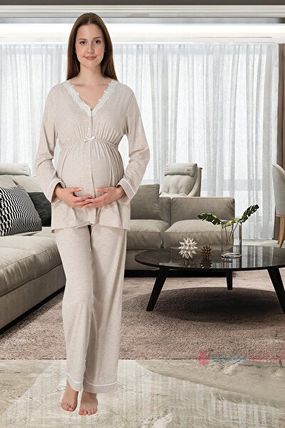 lohusahamile Bež Čipka Detaljan Pamuk Deo Set Pidžama za Trudnice
