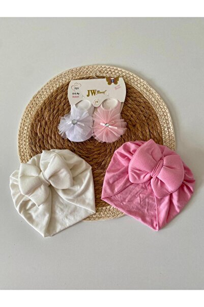 GÜNEŞ KİDS Fiyonklu Çift Katlı Bebek Bone ve Çorap Takım