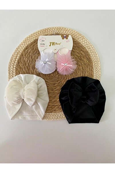 GÜNEŞ KİDS Fiyonklu Çift Katlı Bebek Bone ve Çorap Takım