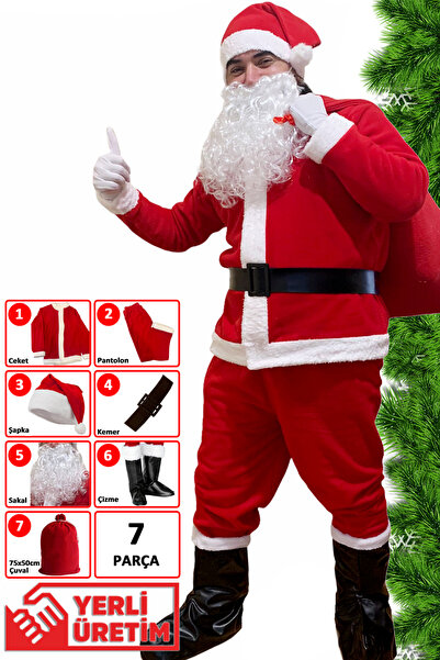 Noel Baba Kostüm Seti Lüks 7 Parça Polar Yetişkin Kıyafeti