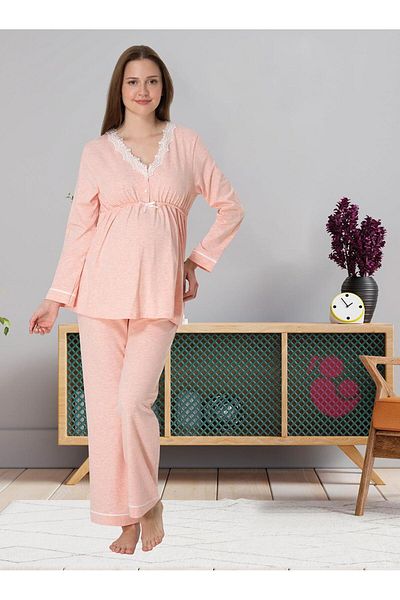 lohusahamile Salmon Lace Detailed Cotton Maternity Pajamas Set