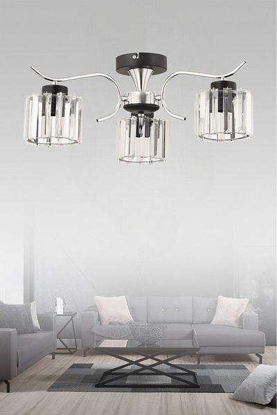 ESSLİGHT Esma 3-Piece Chrome Plafonier Chandelier (Crystal Stone) Living Room Bedroom Kitchen Young Room Office