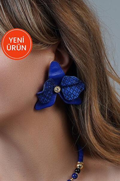 pınarturhan Kadın Saks Mavi Piton Deri Orkide Çiçek Figürlü El Yapımı Altın K...
