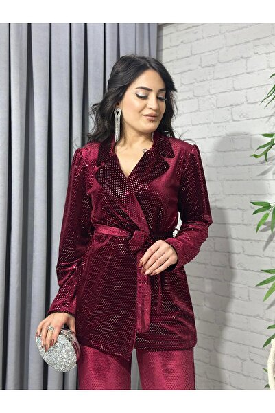 Aysel Boutiquee Kırmızı Omzu Vatkalı Kuşaklı Payetli Ceket Pantolon Takım