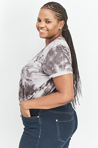 Bar III Women Round Neck Cuffed Sleeve Tie Dye Cropped Top, Grey