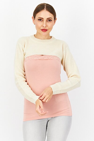 Brave Soul Women Crew Neck Long Sleeve Knitted Crop Shrug Top, Cream
