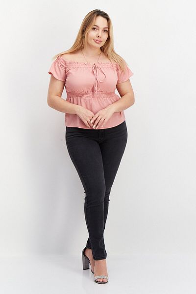 Guess Women Off Shoulder Short Sleeve Textured Blouse, Pink