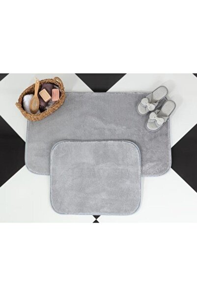 aslımhalı مجموعة من 2 سجادة حمام قطيفة باللون الرمادي