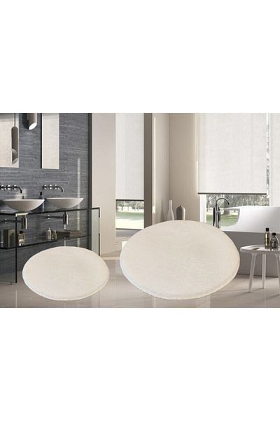 Sarar 2 Piece Round Post Plush Bath Mat Set Large Size Gel Base Toilet Bowl Set White 100x100 80x80