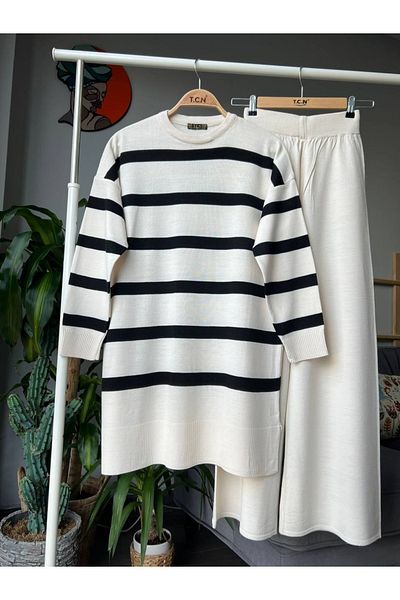 asyadabutik Striped Tunic Slit Hijab Knitwear Set