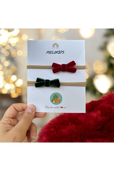 Melo Velvet Ribbon Soft Baby Hair Bandan Green and Red Set