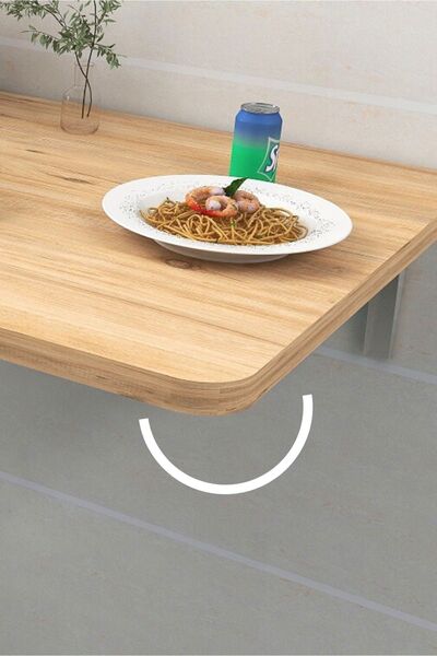 Kydonia Home 60x90 cm 4 Köşe Oval Çam Ahşap Desenli Duvara Monte Kırma Katlanır Yemek Masası