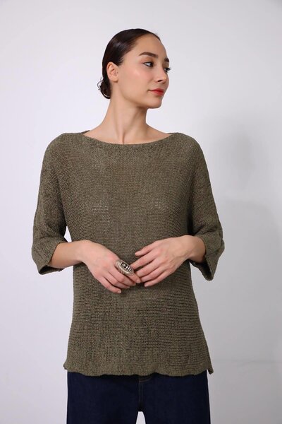 Şaman Butik Haki Kayık Yaka Fakir Kol Merserize