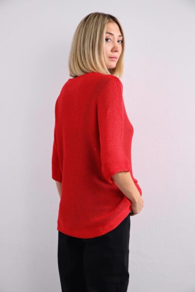 Şaman Butik Kırmızı Kayık Yaka Fakir Kol Merserize