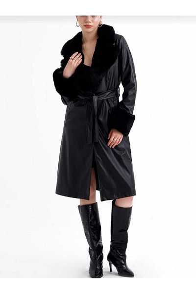 POLANGEL Furry Long Leather Women's Trench Coat