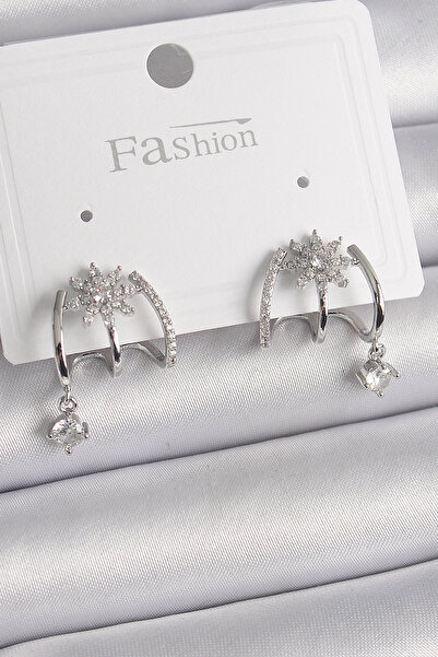 Skygo أقراط نسائية من النحاس الفضي اللون بحجر الزركون على شكل زهرة متدلية - T...