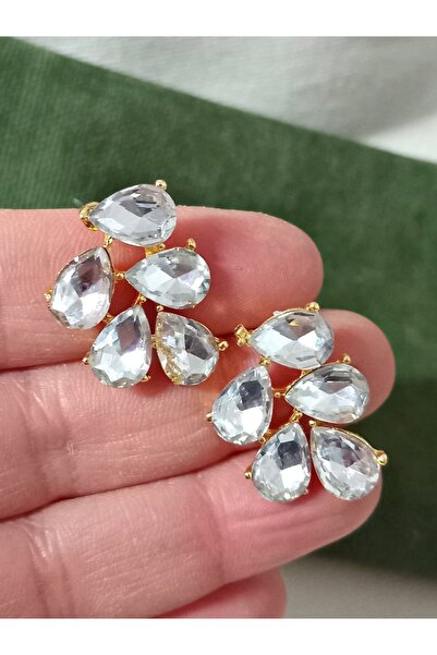 mos&more Beyaz  Gold Kristal Taşlı Yaprak Küpe Abiye Günlük