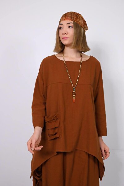 Şaman Butik Acı Kahve Cebi Yırtık Parça Detaylı Salaş Keten Bluz