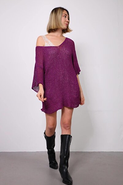 Şaman Butik Mürdüm Rengi Yetim Kol V Yaka Merserize Bluz