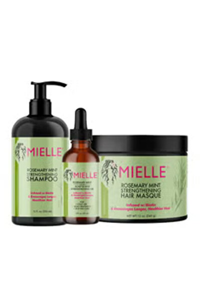MIELLE Rosemary & Mint Hair Strengthening Set: 1 x Hair Oil (59ml), Shampoo (355ml), Hair Mask (340g)