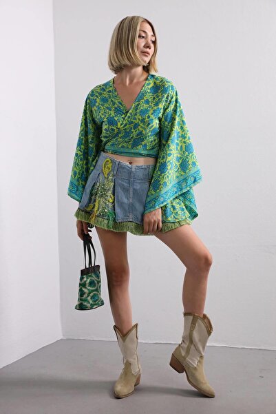 Şaman Butik Açık Yeşil Yarasa Kol İpek Bolero