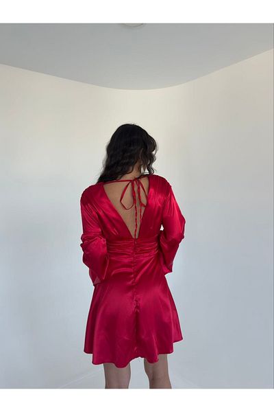 OlaLady Γυναικείο Μίνι Σατέν Φόρεμα με λαιμόκοψη V με μανίκια με κορδόνια