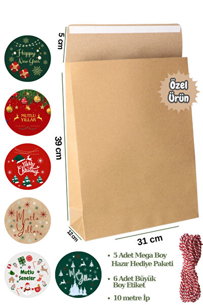 Dekals 3lü set Büyük Boy Dik Duran Yapışkanlı Hediye Paketi + Kırmızı-Beyaz İp-10 mt + Yılbaşı Etiketleri