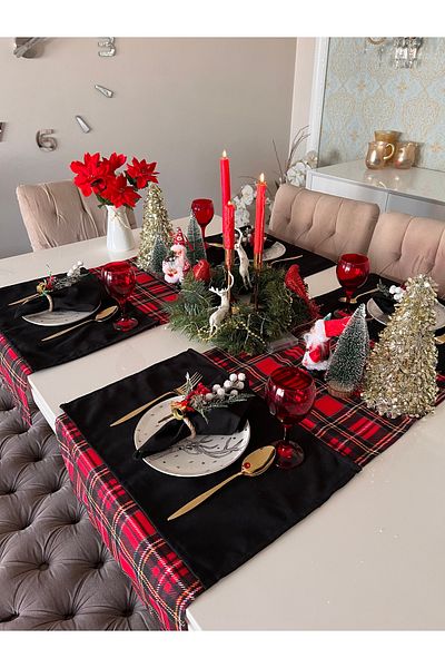 Biz Class New Year Christmas Table with Red Plaid - 1 New Year Christmas Runner