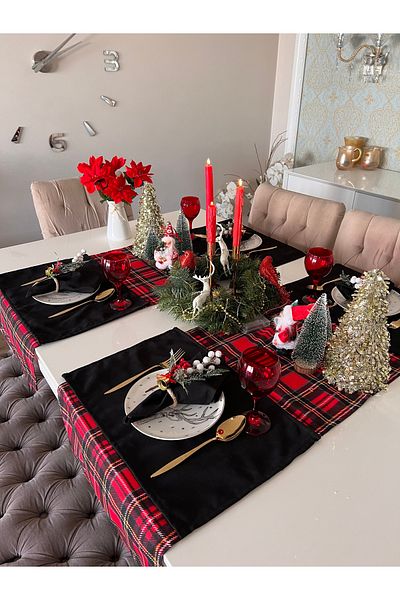 Biz Class New Year Christmas Table with Red Plaid - 1 New Year Christmas Runner