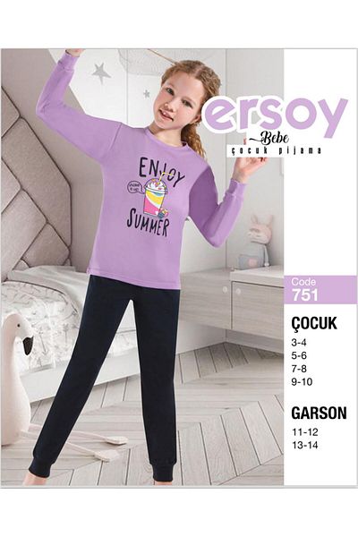 Ersoy Çocuk Giyim Girls' Long Sleeve Cotton Pajamas Set