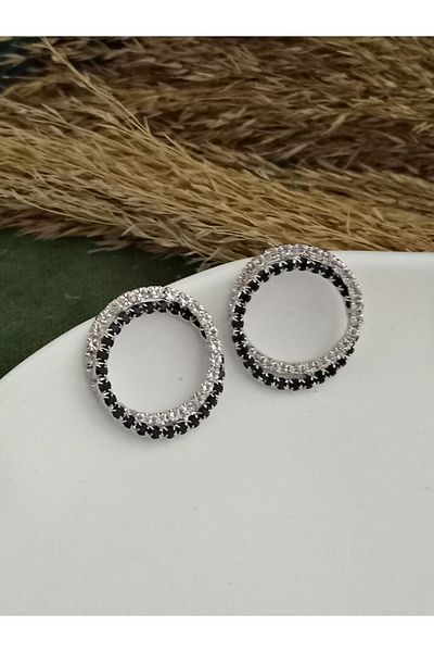 mos&more Black and White Crystal Stone Hoop Women's Evening Dress Earrings Diameter.2.5cm